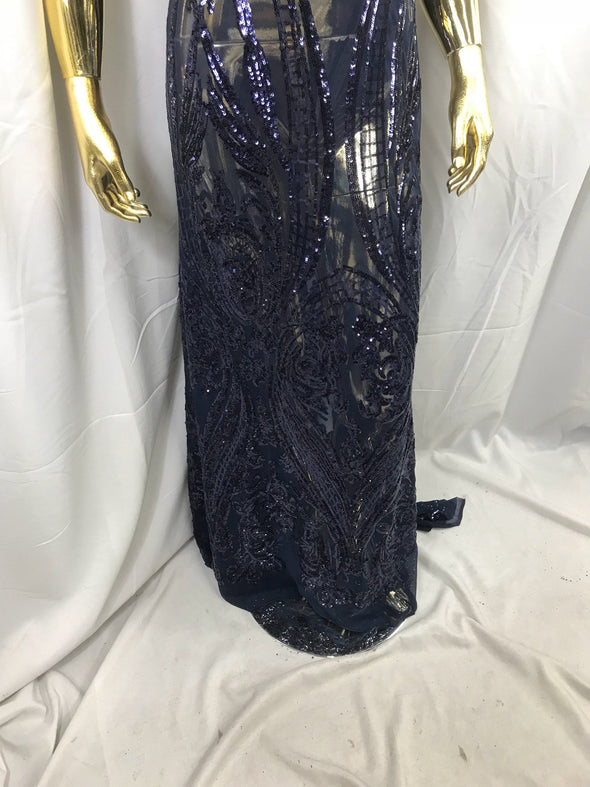 Navy blue princess design embroidery with shiny sequins on a 4 way stretch mesh-dresses-fashion-prom-nightgown-sold by the yard.