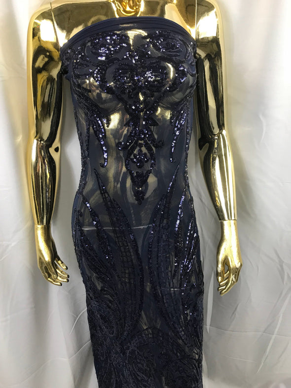 Navy blue princess design embroidery with shiny sequins on a 4 way stretch mesh-dresses-fashion-prom-nightgown-sold by the yard.