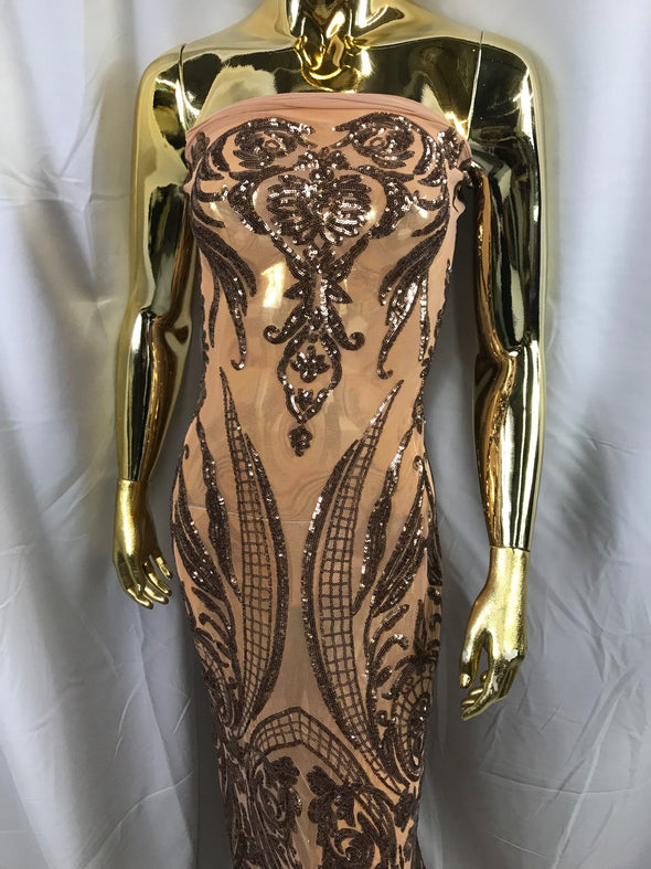 Dark nude princess design embroidery with sequins on a 4 way Stretch Mesh-dresses-fashion-prom-nightgown-sold by the yard.