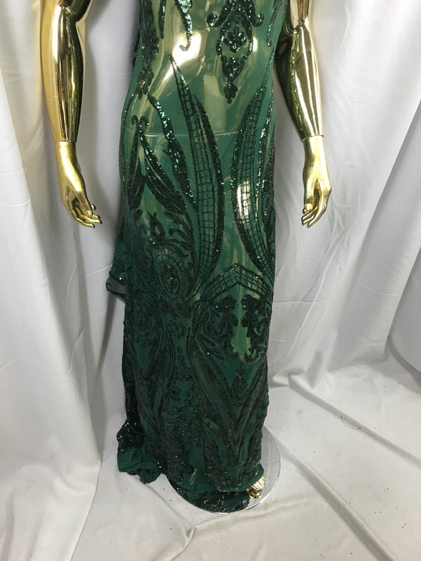 Hunter green princess design embroidery with sequins on a 4 way Stretch Mesh-dresses-prom-nightgown-fashion-apparel-sold by the yard.