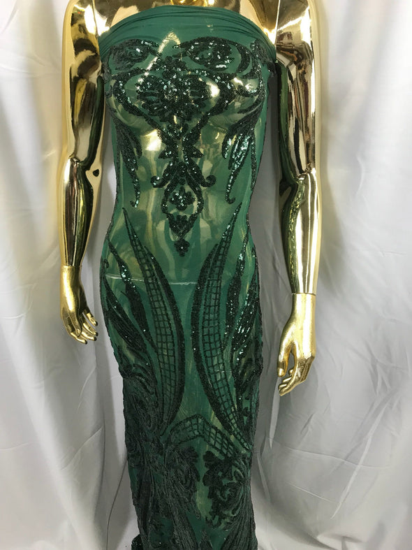 Hunter green princess design embroidery with sequins on a 4 way Stretch Mesh-dresses-prom-nightgown-fashion-apparel-sold by the yard.