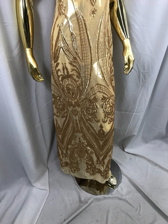 Matt gold princess design embroidery with sequins on a 4 way Stretch Mesh-dresses-prom-nightgown-fashion-apparel-sold by the yard.