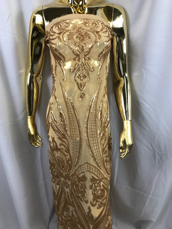Matt gold princess design embroidery with sequins on a 4 way Stretch Mesh-dresses-prom-nightgown-fashion-apparel-sold by the yard.