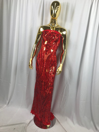 Red princess design embroidery with sequins on a 4 way Stretch Mesh-dresses-fashion-prom-nightgown-sold by the yard.