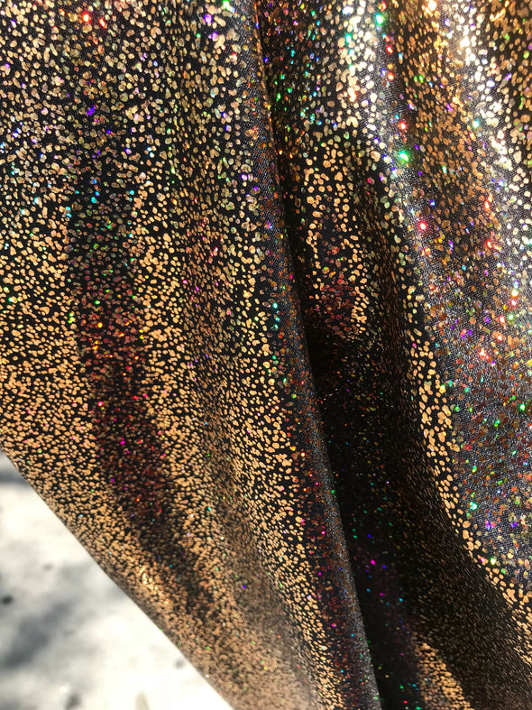 Gold-black iridescent shattered glass design 4 way Stretch nylon spandex-dresses-fashion-leggings-baiting suits-apparel-sold by the yard.
