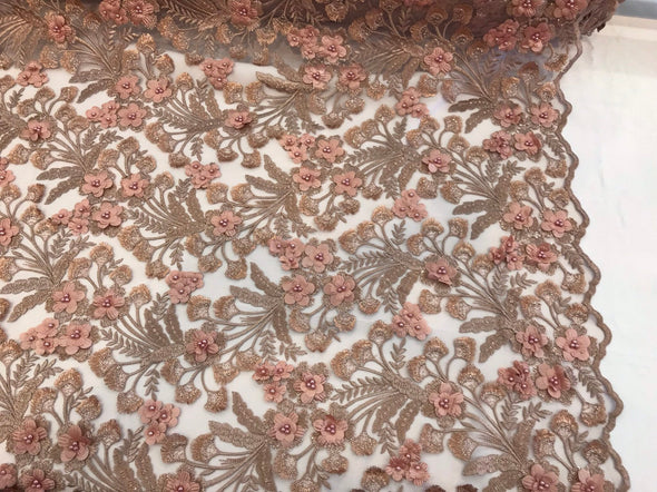 Rose gold 3d floral design embroidery with pearls and sequins on a mesh lace-dresses-fashion-apparel-prom-nightgown-sold by the yard.