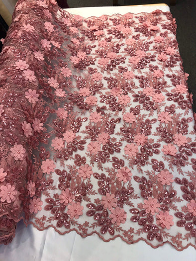 Dusty rose 3d floral princess design embroidery with pearls and sequins on a mesh lace-dresses-fashion-apparel-prom-nightgown-sold by yard.