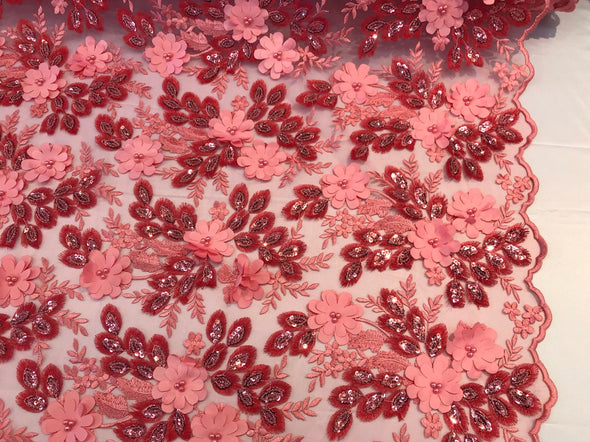 Coral 3d floral princess design embroidery with pearls and sequins on a mesh lace-dresses-apparel-prom-nightgown-sold by the yard.