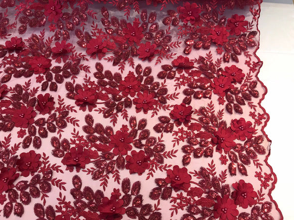 Burgundy 3d floral princess design embroidery with pearls and sequins on a mesh lace-dresses-apparel-fashion-prom-nightgown-sold by the yard