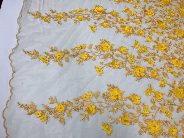 Yellow princess 3d floral design embroidery with pearls on a mesh lace-dresses-prom-nightgown-apparel-sold by the yard.