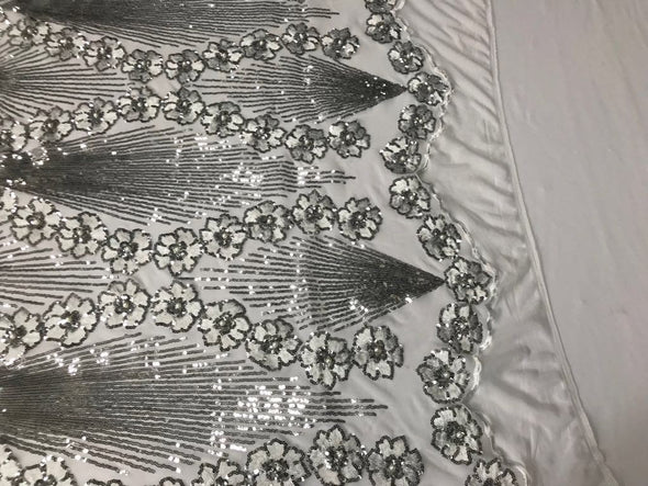 Gray/silver goddess design floral embroidery with sequins and pearls on a 4 way Stretch Mesh-dresses-fashion-prom-nightgown-sold by the yard