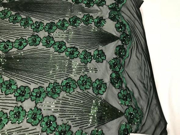 Hunter green goddess design floral embroidery with sequins and pearls on a 4 way stretch mesh-dresses-fashion-prom-nightgown-sold by yard