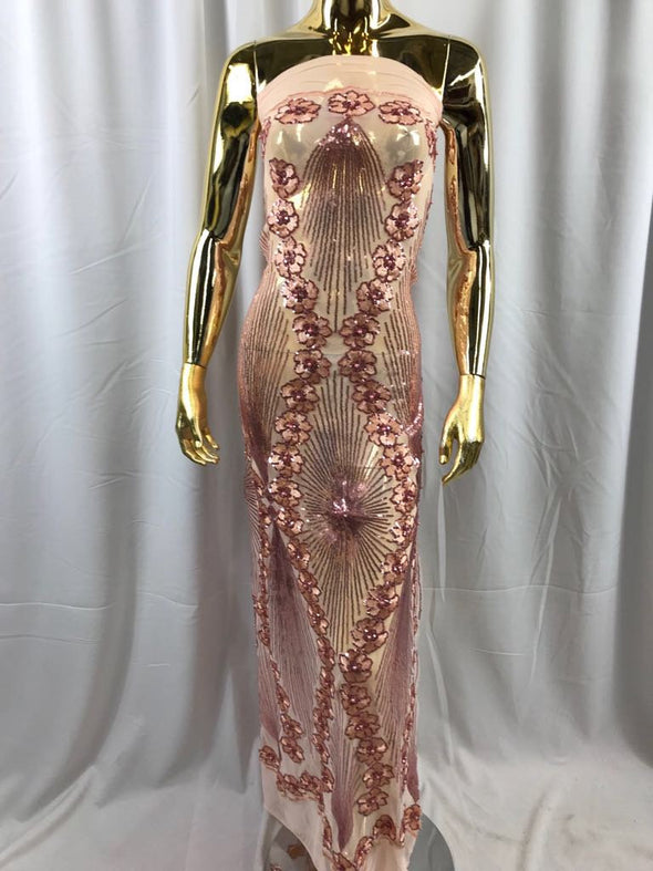 Blush peach goddess design floral embroidery with sequins and pearls on a 4 way stretch mesh-dresses-prom-nightgown-fashion-sold by the yard