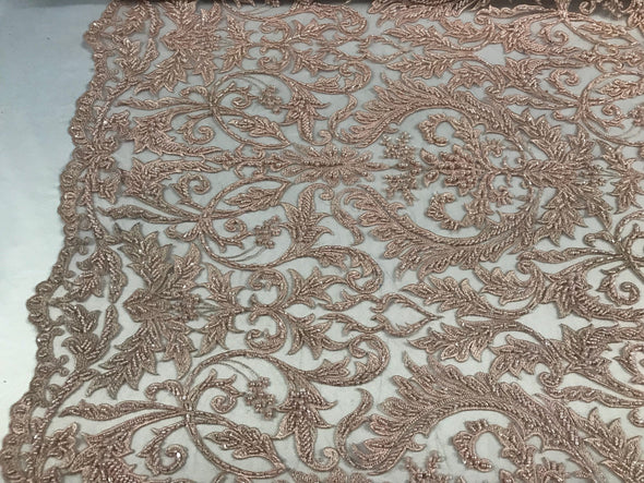 Light Pink princess damask design embroidery with heavy beads on a mesh lace-dresses-fashion-prom-apparel-nightgown-sold by the yard.