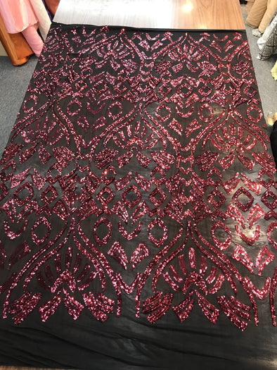 Black-burgundy geometric design embroidery with shiny sequins on a 4 way stretch mesh-dresses-fashion-prom-nightgown-sold by the yard.