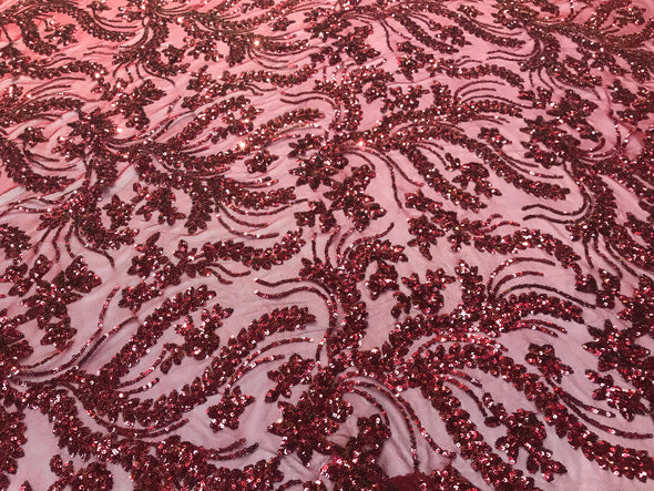 Burgundy sequins vine design embroidery on a4 way Stretch Mesh-dresses-fashion-prom-nightgown-decorations-sold by the yard.
