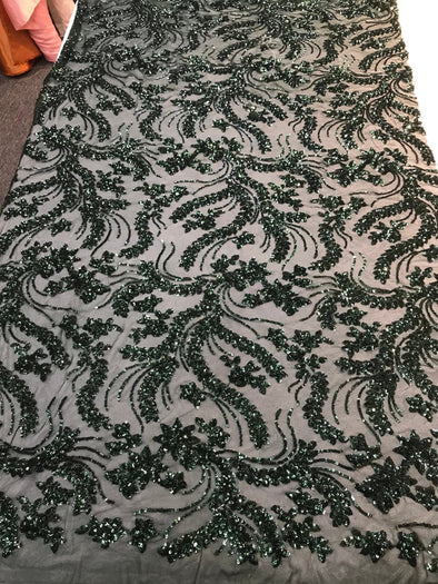 Hunter green Sequins vine design embroidery on a 4 way stretch mesh-dresses-fashion-prom-nightgown-decorations-sold by the yard.