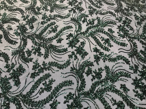 Hunter green Sequins vine design embroidery on a 4 way stretch mesh-dresses-fashion-prom-nightgown-decorations-sold by the yard.