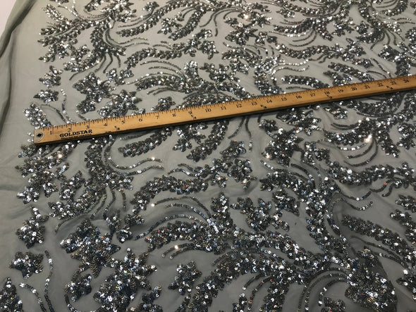Silver sequins vine design embroidery on gray 4 way stretch mesh-dresses-fashion-prom-nightgown-decorations-sold by the yard.