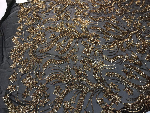 Gold sequins vine design embroidery on a black 4 way Stretch Mesh-dresses-fashion-prom-nightgown-decorations-sold by the yard.