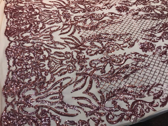 Dusty rose Sequins damask design embroidery on a peach 4 way stretch power mesh-dresses-fashion-apparel-prom-nightgown-sold by yard.