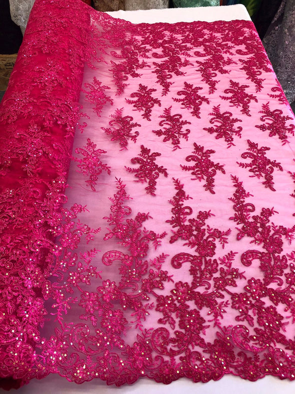 Fuchsia floral design embroidery with shiny iridescent sequins on a medh lace-dresses-fashion-apparel-prom-nightgown-sold by the yard.