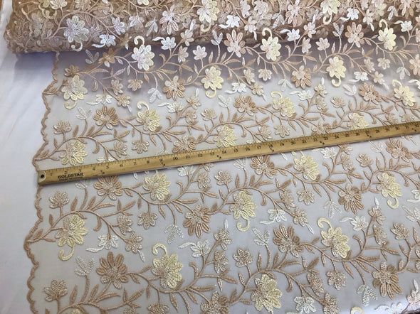 Champagne/light yellow multi color floral design embroidery on a mesh lace-dresses-apparel-prom-nightgown-sold by the yard.