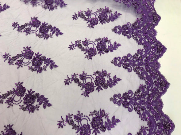 Purple hand beaded floral design embroidery with shiny sequins on a mesh lace-dresses-fashion-apparel-prom-nightgown-sold by the yard.