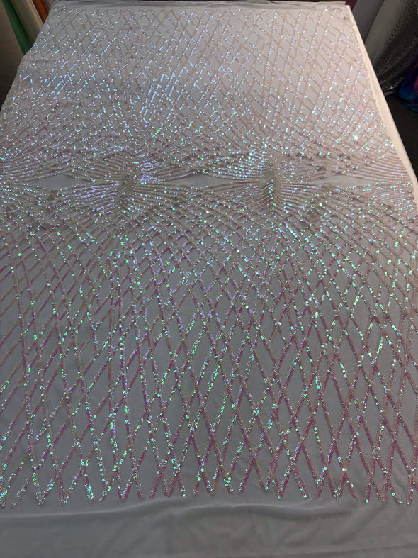 Iridescent white sequins diamond design embroidery on a white 4 way stretch power mesh-dresses-fashion-apparel-prom-nightgown-sold by yard.