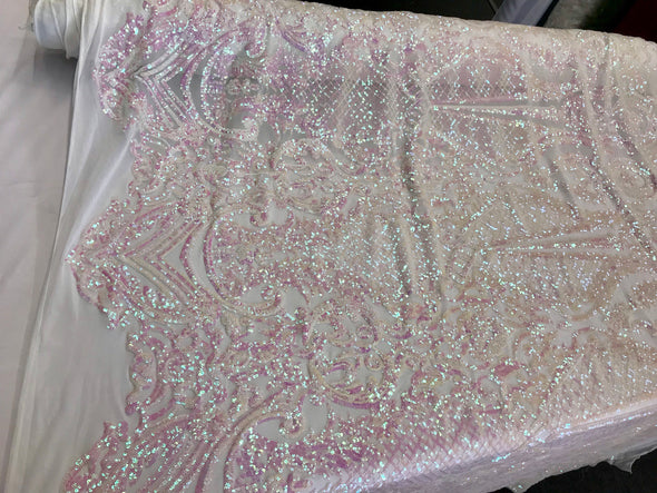Pink princess design iridescent sequins embroidery on a 4 way stretch white mesh-dresses-fashion-apparel-prom-nightgown-sold by the yard.