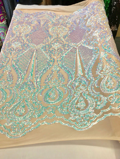 Aqua princess design iridescent sequins embroidery on a 4 way stretch nude mesh-dresses-fashion-apparel-prom-nightgown-sold by the yard.