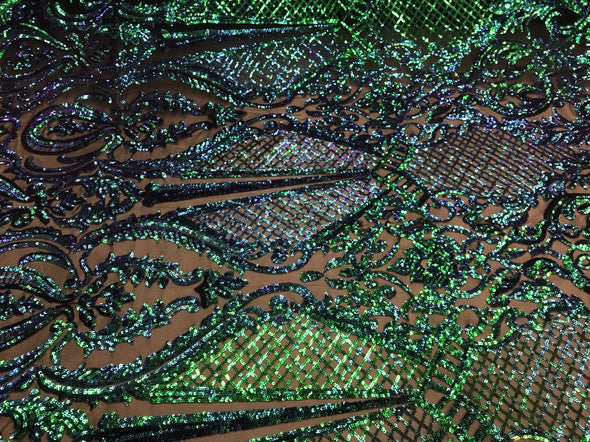 Green princess design iridescent sequins embroidery on a 4 way stretch black mesh-dresses-apparel-prom-nightgown-fashion-sold by the yard.