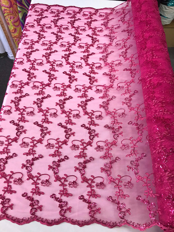 Fuchsia metallic floral embroidery with shiny sequins and cord on a mesh lace-dresses-fashion-prom-apparel-nightgown-sold by the yard.