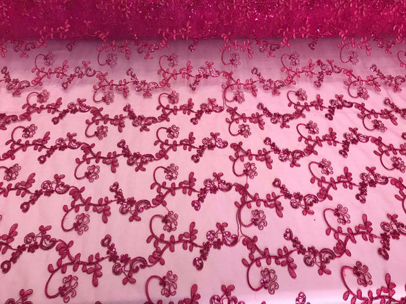 Fuchsia metallic floral embroidery with shiny sequins and cord on a mesh lace-dresses-fashion-prom-apparel-nightgown-sold by the yard.