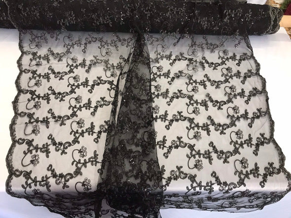 Black floral embroidery with shiny sequins and cord on a mesh lace-dresses-fashion-apparel-prom-nightgown-sold by the yard.