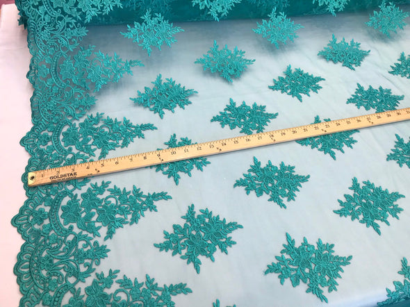 Teal gteen floral embroidery design on a mesh lace with double scallops-dresses-fashion-apparel-prom-nightgown-sold by the yard.