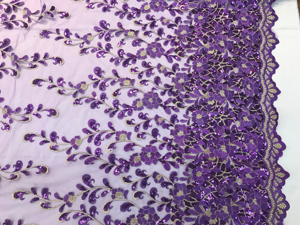 Purple Floral design embroidery with gold metallic tread and sequins on a mesh lace-dresses-fashion-apparel-prom-nightgown-Sold by the yard.