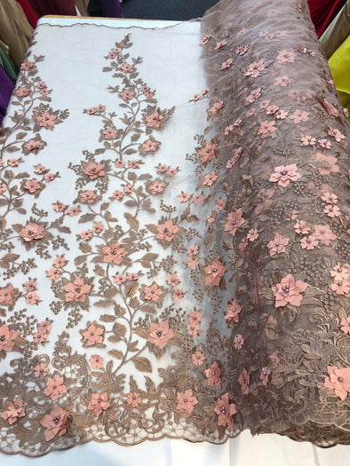 Rose gold princess 3D floral embroidery with pearls on a mesh lace-dresses-fashion-apparel-prom-nightgown-sold by the yard.