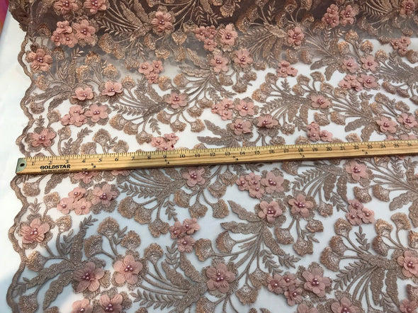 Rose gold 3d floral design embroidery with pearls and sequins on a mesh lace-dresses-fashion-apparel-prom-nightgown-sold by the yard.