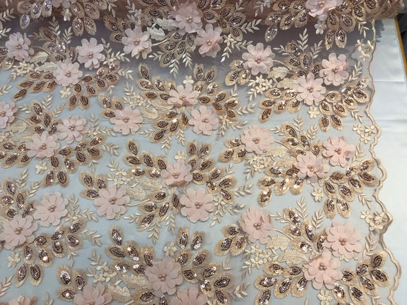 Peach-blush 3d floral princess design embroidery with pearls and sequins on a mesh lace-dresses-apparel-fashion-prom-nightgown-sold by yard.