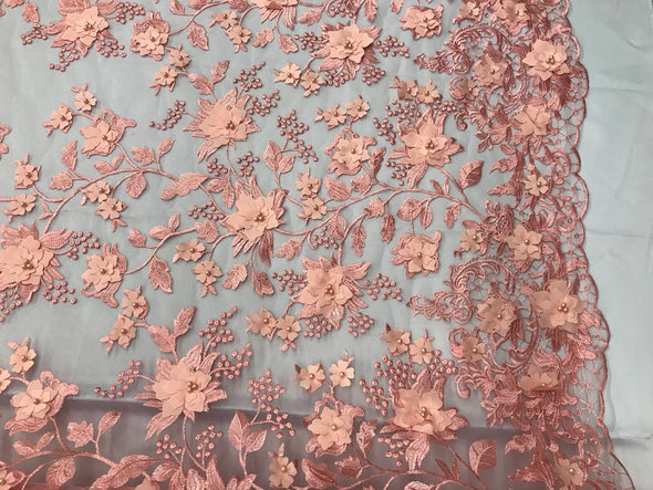 Blush 3d floral design embroidery with pearls on a mesh lace-dresses-fashion-prom-apparel-nightgown-sold by the yard.