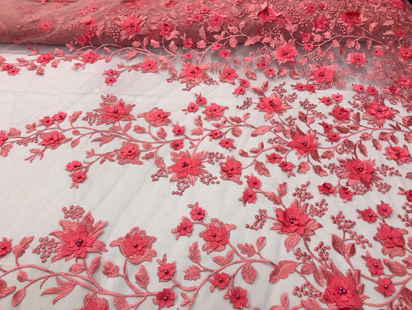 Dark coral 3d floral design embroidery with pearls on a mesh lace-dresses-apparel-fashion-prom-nightgown-sold by the yard.