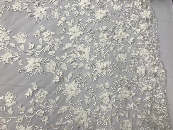 Ivory 3d floral design embroidery with pearls on a mesh lace-dresses-apparel-fashion-prom-nightgown-sold by the yard.