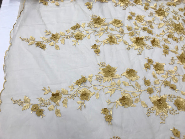 Gold 3d floral design embroidery with pearls on a mesh lace-dresses-apparel-fashion-prom-nightgown-sold by the yard.