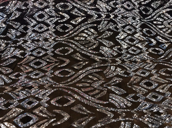 Black-silver geometric design embroidery with sequins on a 4 way stretch power mesh-dresses-fashion-apparel-prom-nightgown-sold by the yard.