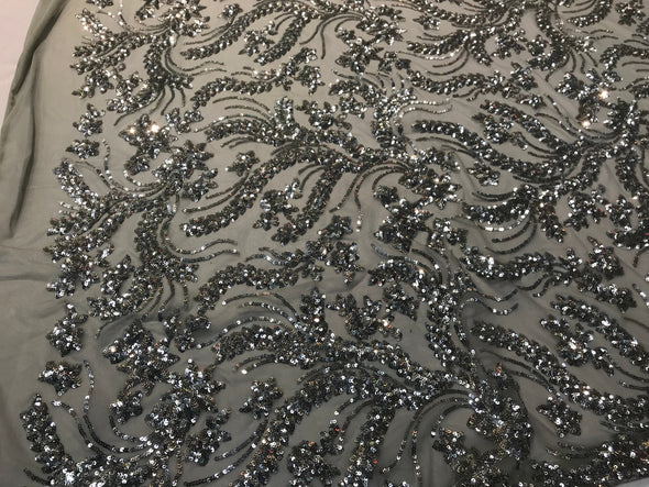 Silver sequins vine design embroidery on gray 4 way stretch mesh-dresses-fashion-prom-nightgown-decorations-sold by the yard.