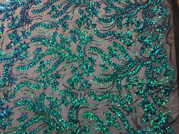 Iridescent green sequins vine design embroidery on a black 4 way Stretch Mesh-dresses-apparel-prom-nightgown-sold by the yard.