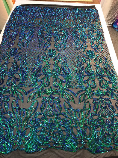 Green iridescent Sequins damask design embroidery on a black 4 way stretch power mesh-dressses-fashion-apparel-prom-nightgown-sold by yard.