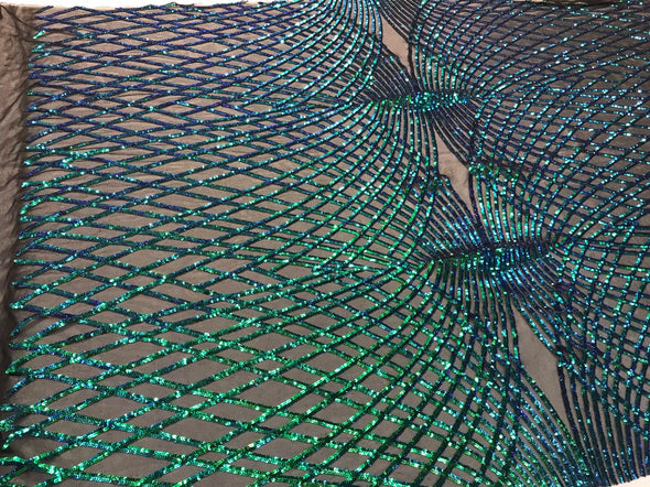 Iridescent green sequins diamond design embroidery on a black 4 way stretch power mesh-dresses-fashion-apparel-prom-nightgown-sold by yard.
