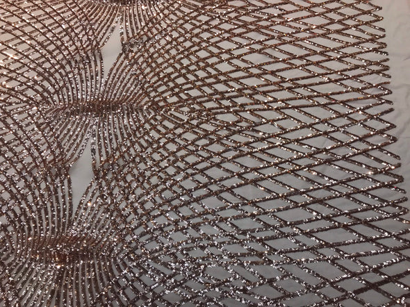 Rose gold sequins diamond design embroidery on a 4 way stretch power mesh-dresses-apparel-fashion-prom-nightgown-sold by the yard.
